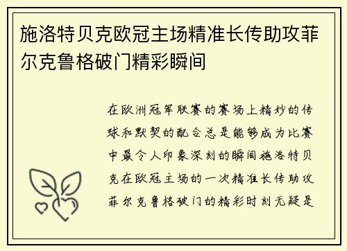 施洛特贝克欧冠主场精准长传助攻菲尔克鲁格破门精彩瞬间